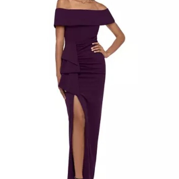NEW Xscape Solid Side Ruched High Slit Off Shoulder Maxi Long Formal Gown Size 8 - Picture 1 of 10